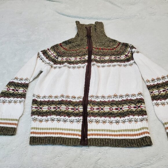 Tiara White Green Knit Fair Isle Cozy Everyday Fall Turtleneck Cardigan Women S - Picture 5 of 9